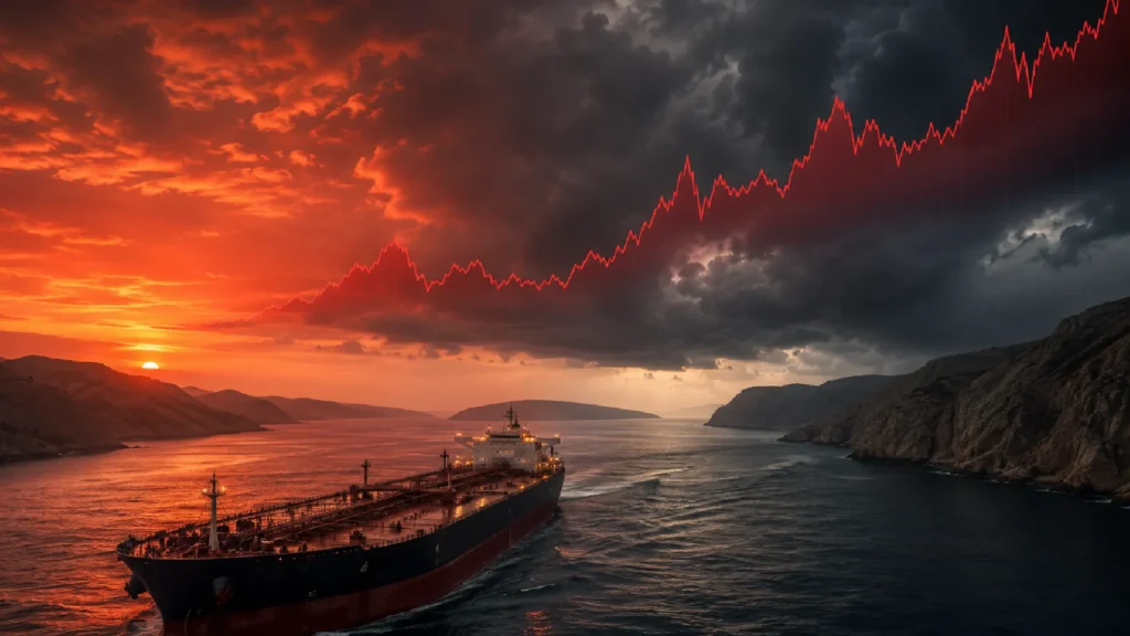 Hormuz escalation fleet costs — oil tanker in the Strait of Hormuz with warning indicators and rising price chart