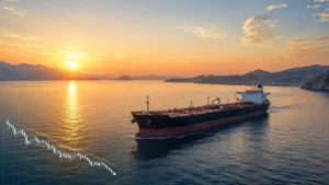 Hormuz peace deal fleet diesel — oil tanker resuming passage through the Strait of Hormuz at sunrise