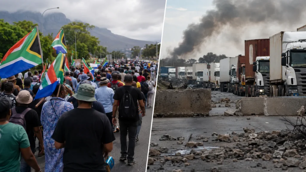 June shutdown fleet risk — split image showing peaceful protest march and blocked freight trucks on N3