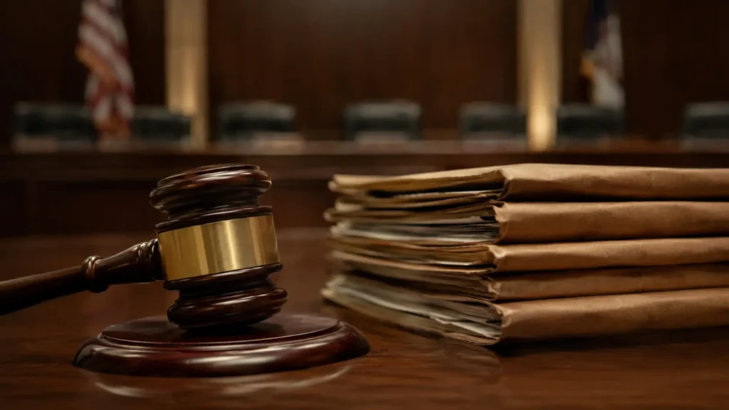 Madlanga verdict fleet security — gavel beside police evidence files under commission scrutiny