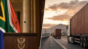Ramaphosa immigration fleet drivers — South African president addressing the nation with freight trucks in background