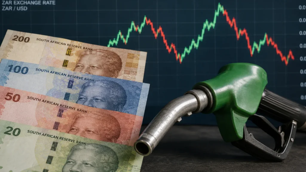 Rand volatility fleet diesel — South African rand notes beside a fuel pump and a rising-falling exchange rate chart