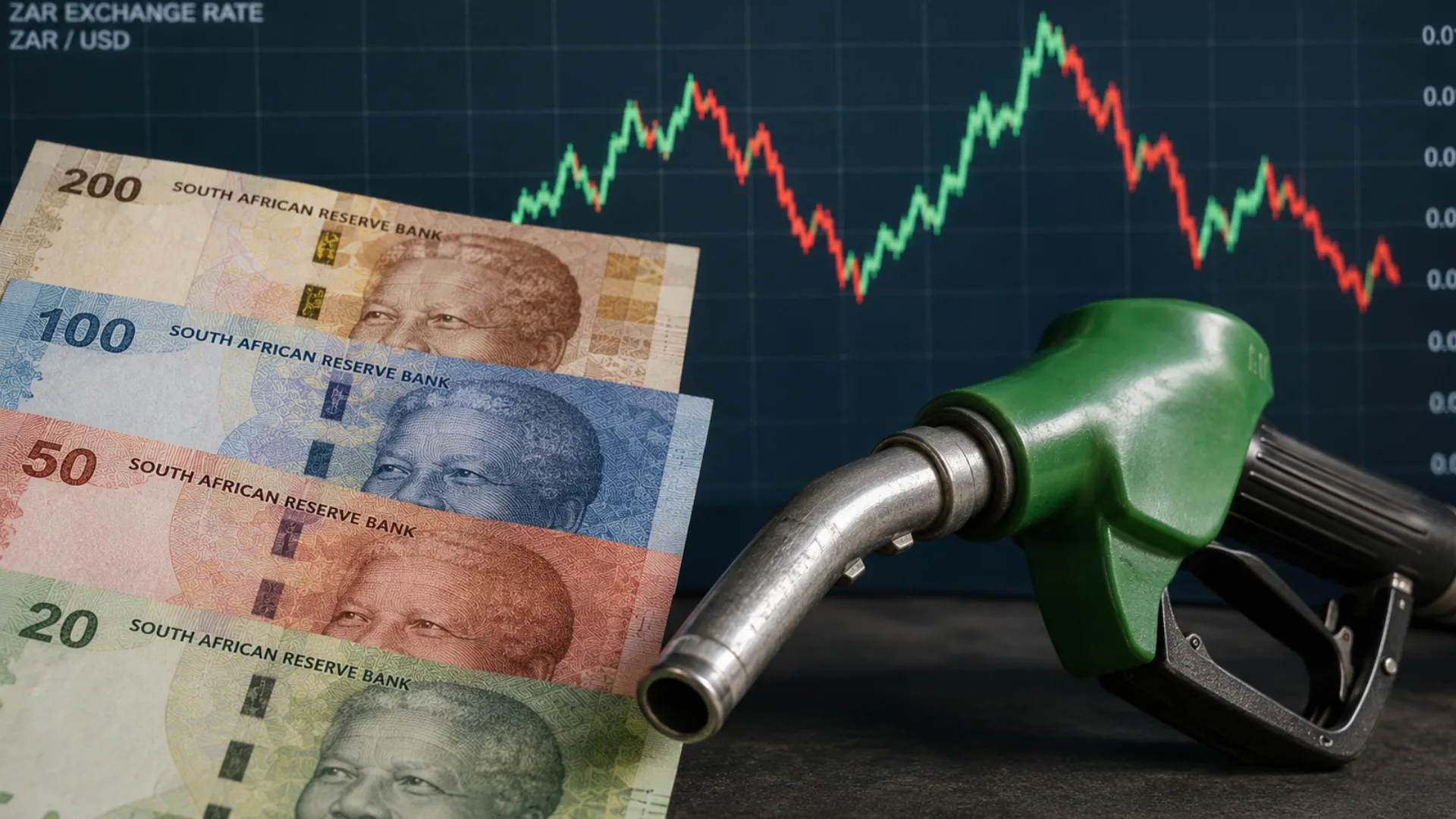 Rand volatility fleet diesel — South African rand notes beside a fuel pump and a rising-falling exchange rate chart