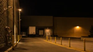 Retail delivery fleet security — shopping centre loading bay with heightened security measures visible