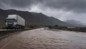 Storm flooding fleet routes — flooded South African highway with freight truck pulling onto shoulder