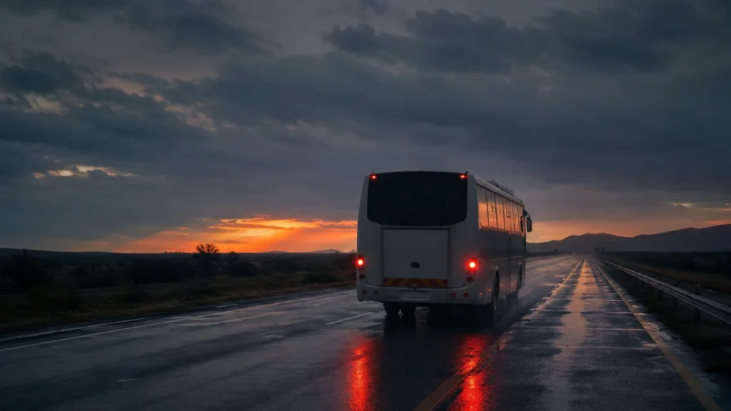 Transport extortion fleet security — long-distance bus on South African highway with security warning