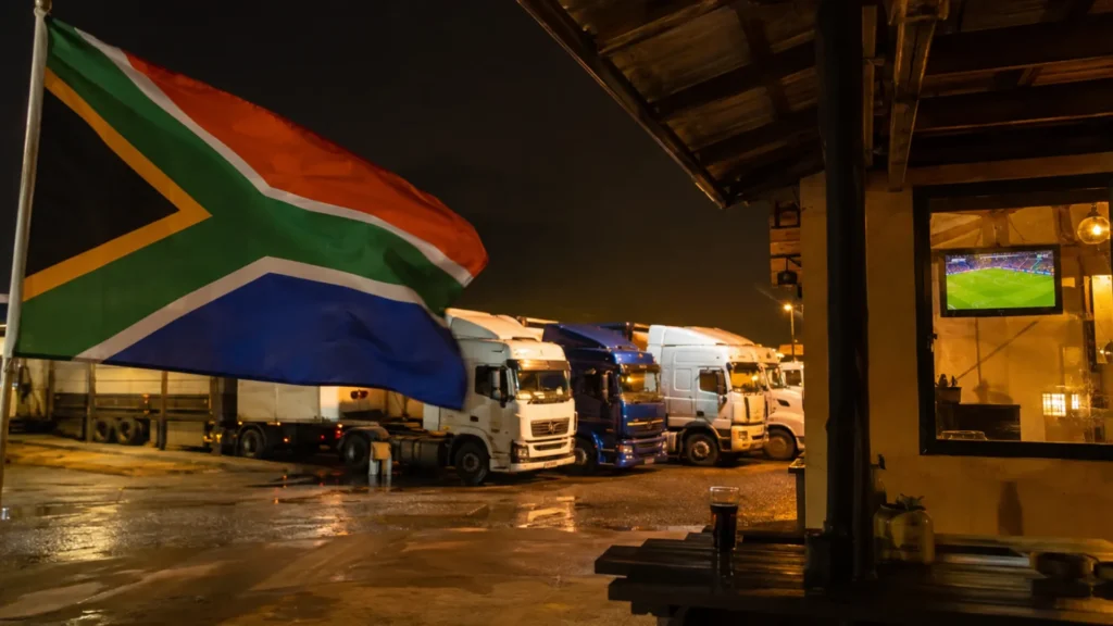 World Cup fleet operations — South African flags waving alongside freight trucks at night