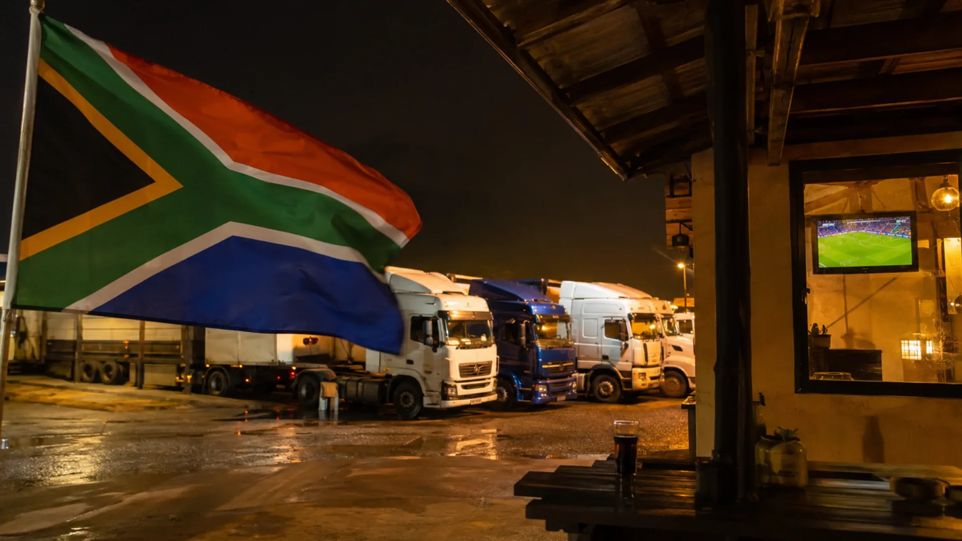 World Cup fleet operations — South African flags waving alongside freight trucks at night