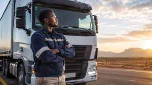 Youth freight industry careers — a young South African driver standing beside a commercial truck under a clear sky
