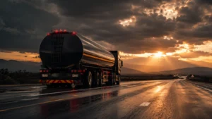 Fuel tanker at dawn as the August diesel price outlook improves with oil falling 8% after attacks halted