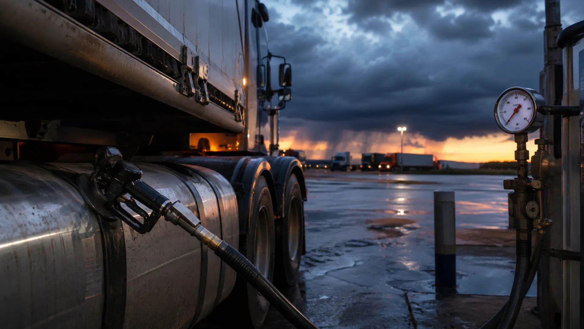 August fuel price risk — a truck refuelling at dusk as renewed Gulf tensions threaten South Africa's fuel relief