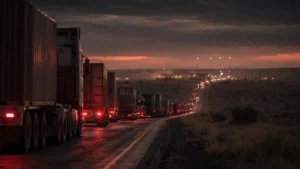 Trucks queued at a Botswana border crossing as pre-clearance goes live and Botswana border queues in August become the operational risk