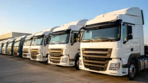 Commercial vehicle sales surge — new heavy trucks lined up at a South African dealership yard under morning light