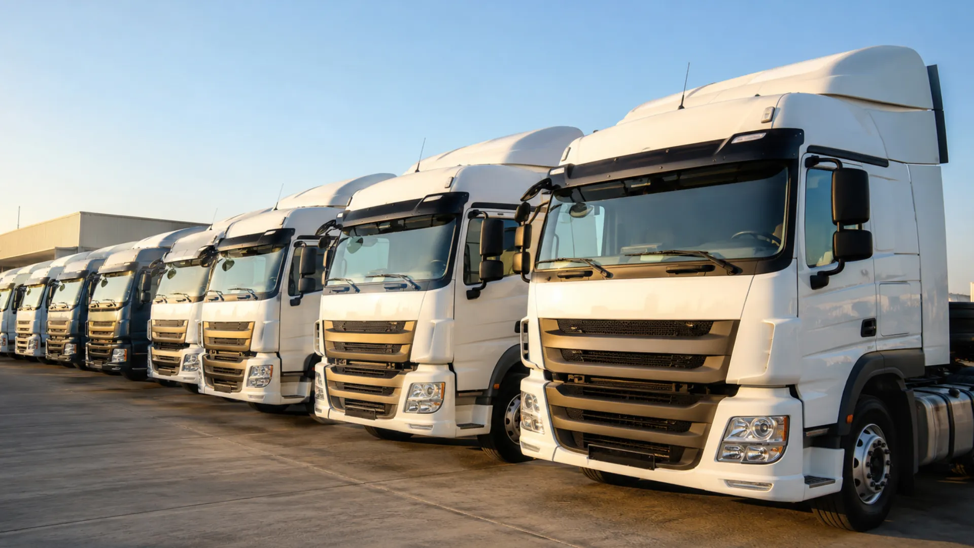 Commercial vehicle sales surge — new heavy trucks lined up at a South African dealership yard under morning light