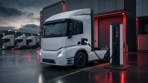 Electric truck charging at a South African logistics depot as electric trucks in South Africa pass the 250,000 km milestone