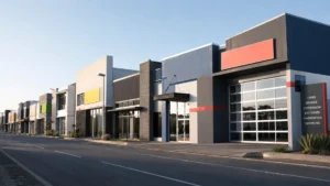 Franchise market inquiry impact — a row of branded storefronts and service outlets under review, documents and magnifying glass motif