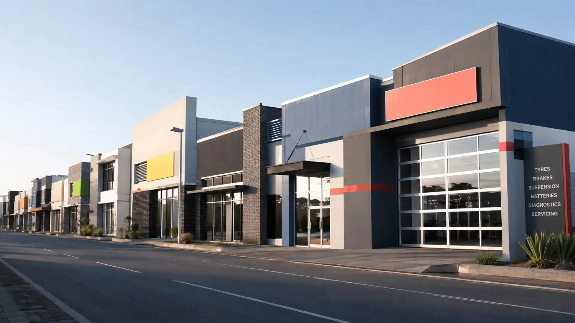 Franchise market inquiry impact — a row of branded storefronts and service outlets under review, documents and magnifying glass motif