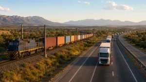 Freight rail reform fleet impact — a freight train and trucks running parallel on a South African logistics corridor