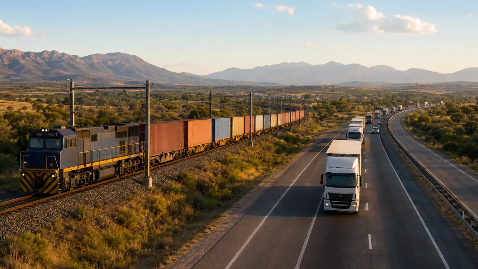 Freight rail reform fleet impact — a freight train and trucks running parallel on a South African logistics corridor
