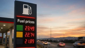Fuel price system overhaul — a fuel station price board beside a highway as South Africa debates two-week price adjustments
