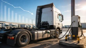 July fuel price confirmed — a commercial truck refuelling at a depot with a downward price trend behind it