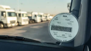 RAF vehicle fee proposal — a fleet vehicle licence disc on a windscreen as South Africa debates a new Road Accident Fund charge