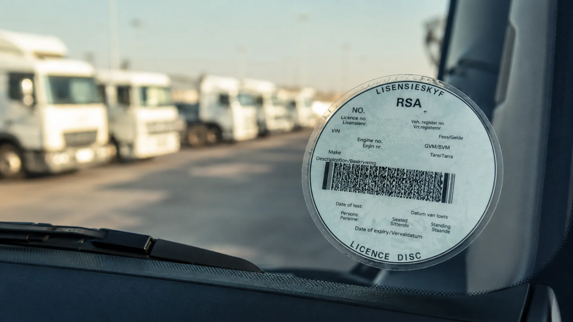 RAF vehicle fee proposal — a fleet vehicle licence disc on a windscreen as South Africa debates a new Road Accident Fund charge