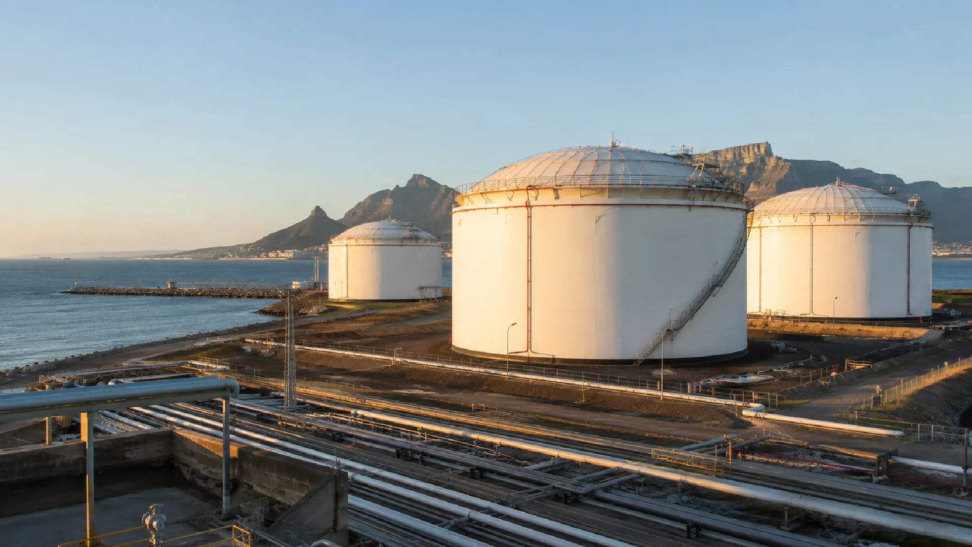 Strategic fuel reserves policy — fuel storage tanks at a South African terminal as the country plans compulsory emergency stocks
