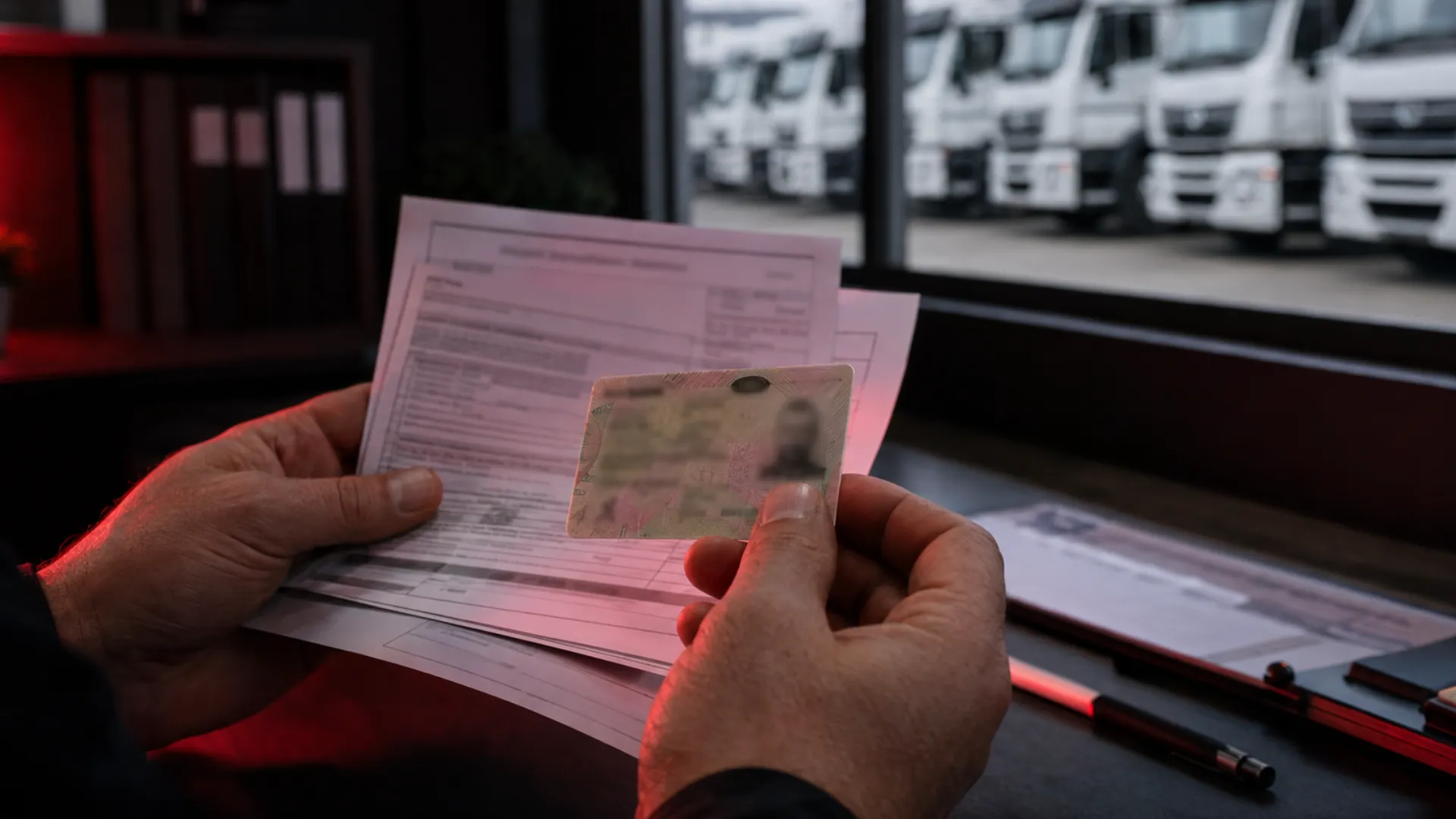 Fleet manager checking a truck driver's South African licence documents during the traffic register number crackdown