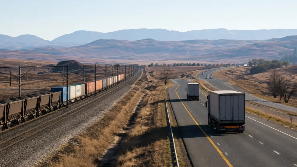 Transport reform fleet operators — a freight highway and rail line running side by side toward a South African horizon