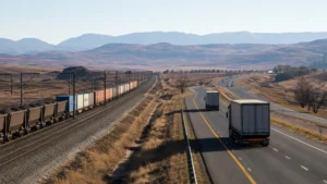 Transport reform fleet operators — a freight highway and rail line running side by side toward a South African horizon