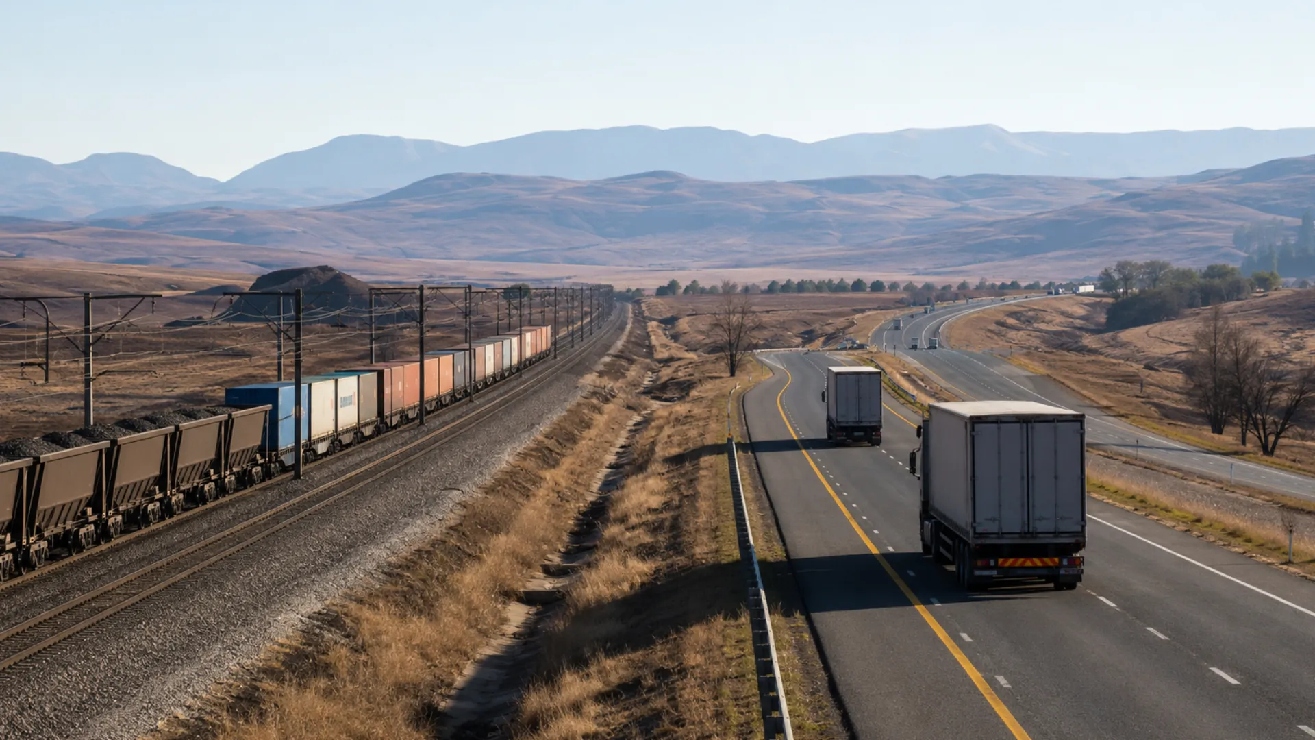 Transport reform fleet operators — a freight highway and rail line running side by side toward a South African horizon