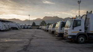 Treasury municipal funding freeze — municipal service vehicles parked at a depot with operations under financial pressure