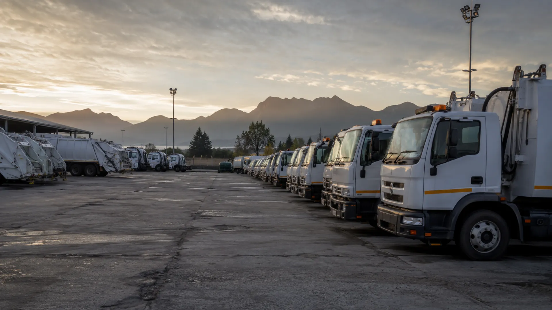 Treasury municipal funding freeze — municipal service vehicles parked at a depot with operations under financial pressure