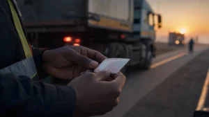 Officer checking a truck driver's licence at a SADC roadside checkpoint amid confusion over new Zimbabwe truck driver licences