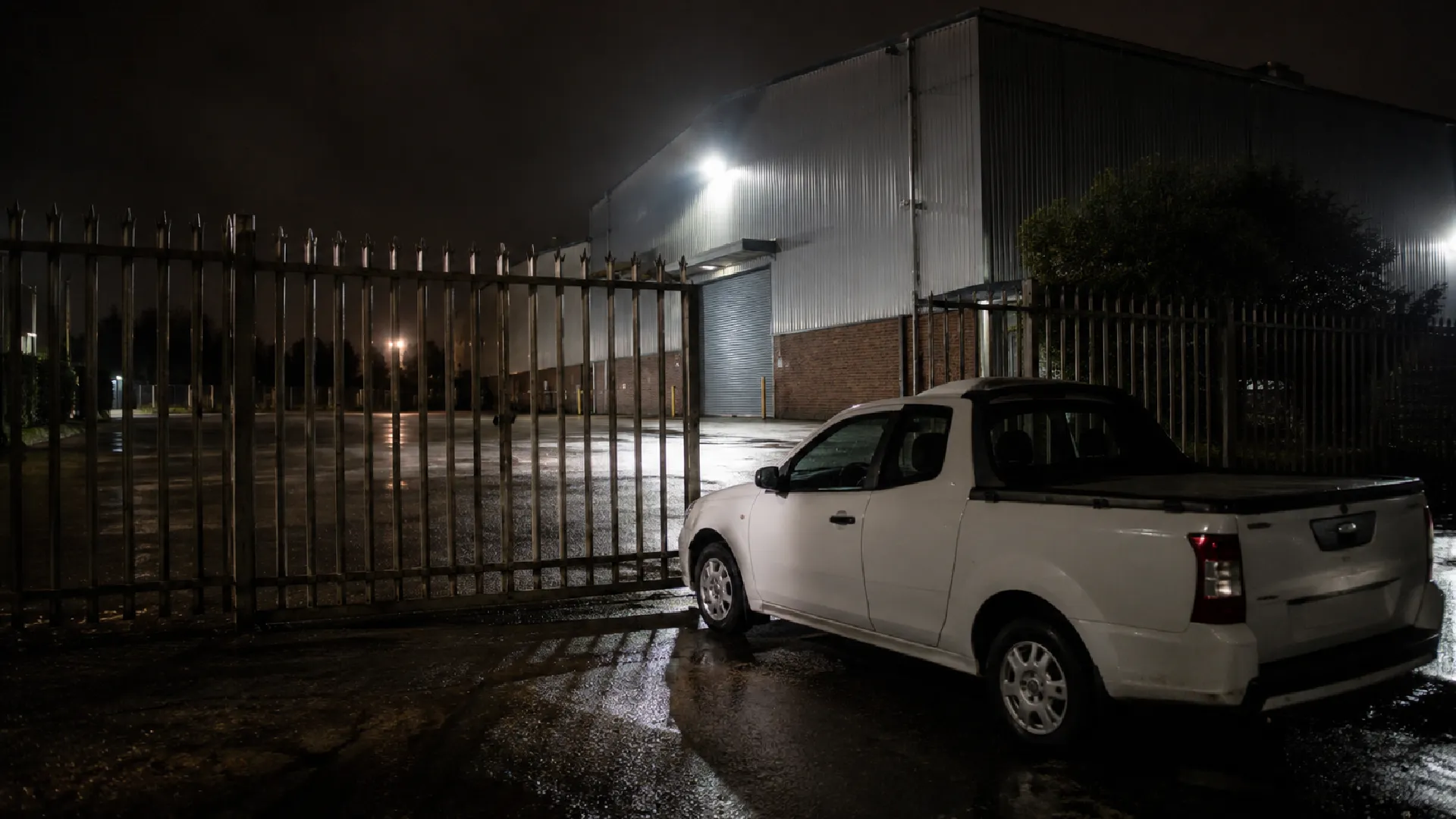 Security response vehicle at an empty warehouse gate after repeated false alarm call-outs