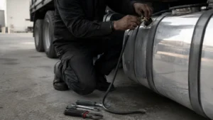 Technician calibrating a truck fuel tank sensor to establish fuel sensor accuracy