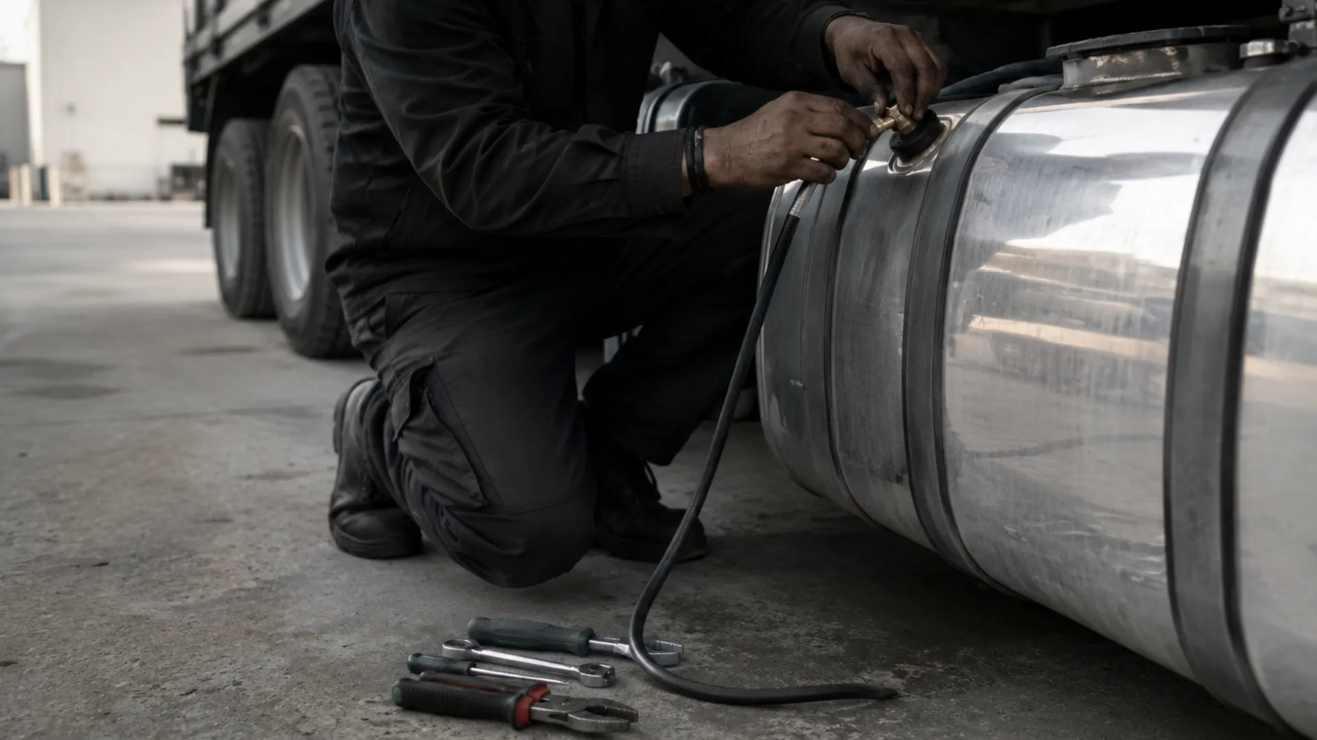 Technician calibrating a truck fuel tank sensor to establish fuel sensor accuracy