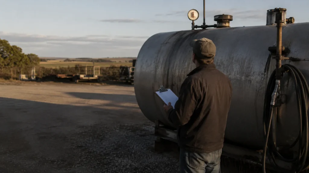 Site manager checking a bulk diesel tank gauge during fuel stock reconciliation