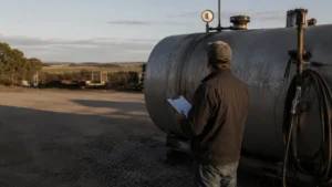 Site manager checking a bulk diesel tank gauge during fuel stock reconciliation