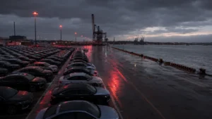 Export sedans waiting at a South African port as the AGOA extension leaves the 25% US tariff and an 83% export collapse in place