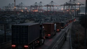 Container trucks queued beside a port terminal with homes nearby, as the Durban port expansion raises truck traffic concerns