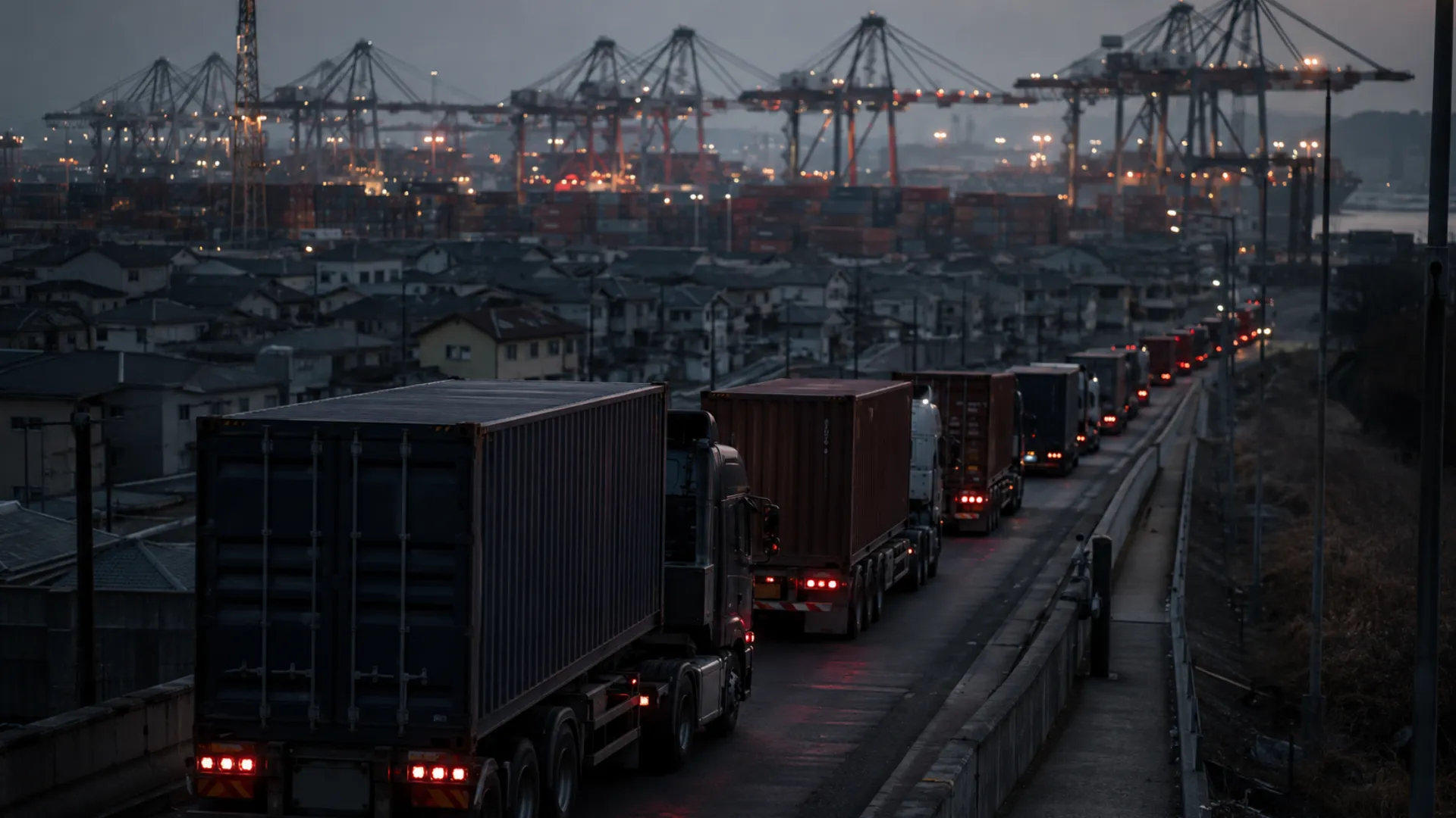 Container trucks queued beside a port terminal with homes nearby, as the Durban port expansion raises truck traffic concerns