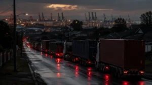 Heavy trucks queued on a Durban access road near the port, the congestion eThekwini's four-project freight strategy aims to clear