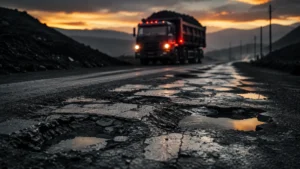 Potholed provincial road with a coal truck approaching as the Mpumalanga road repair backlog reaches R38 billion