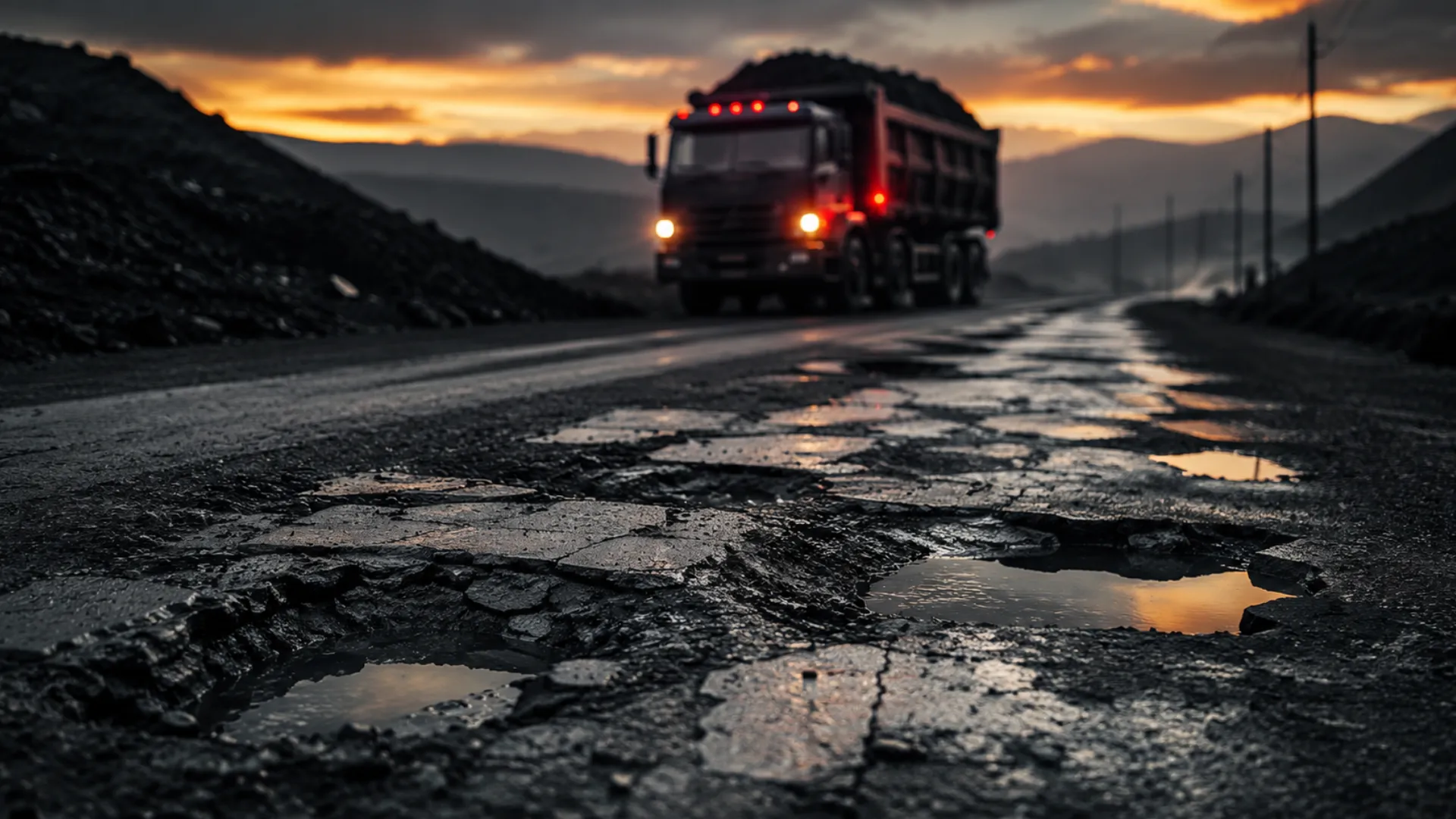 Potholed provincial road with a coal truck approaching as the Mpumalanga road repair backlog reaches R38 billion