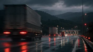 Heavy trucks on a South African toll route as road freight Q2 2026 data shows volumes holding while fuel costs surge