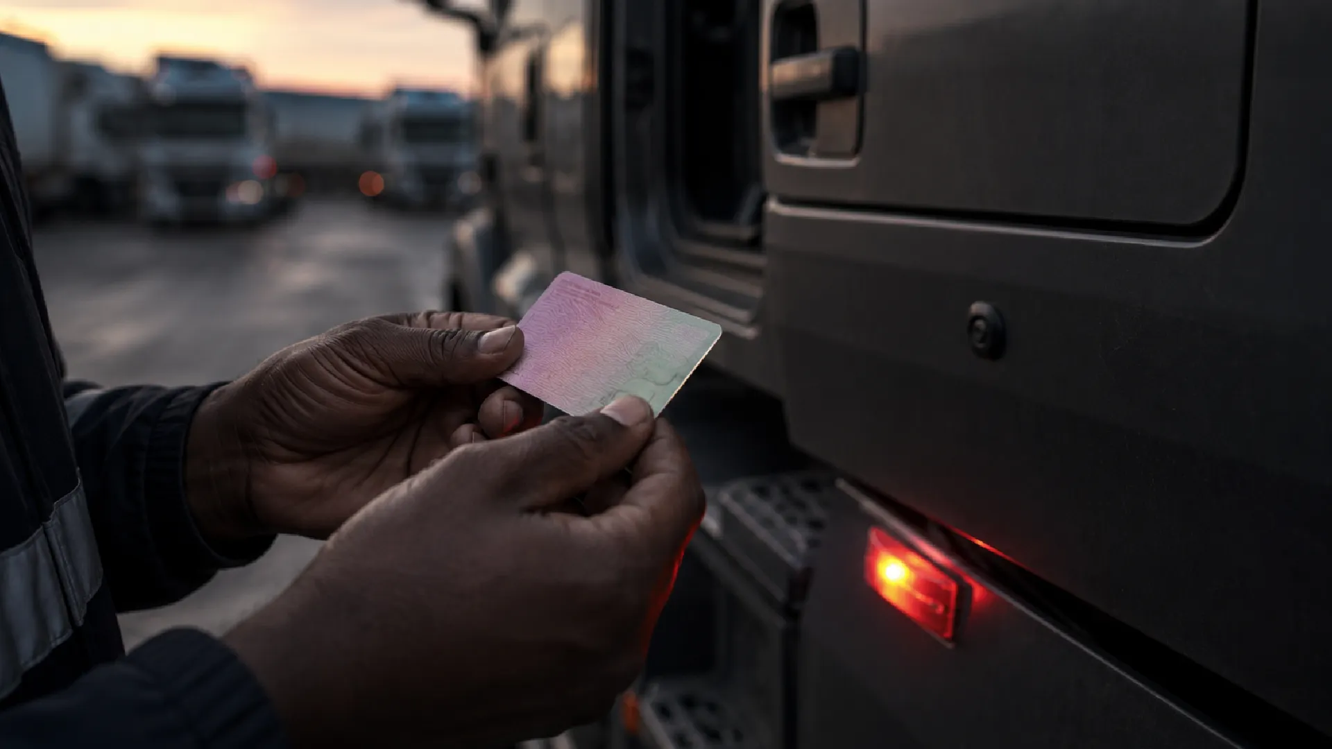 Truck driver holding a licence card at a fleet yard as truck driver licence renewal stays on two-year PrDP cycles in South Africa