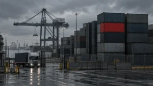 Container stacks at a South African port terminal as August 2026 volumes fell 7%.