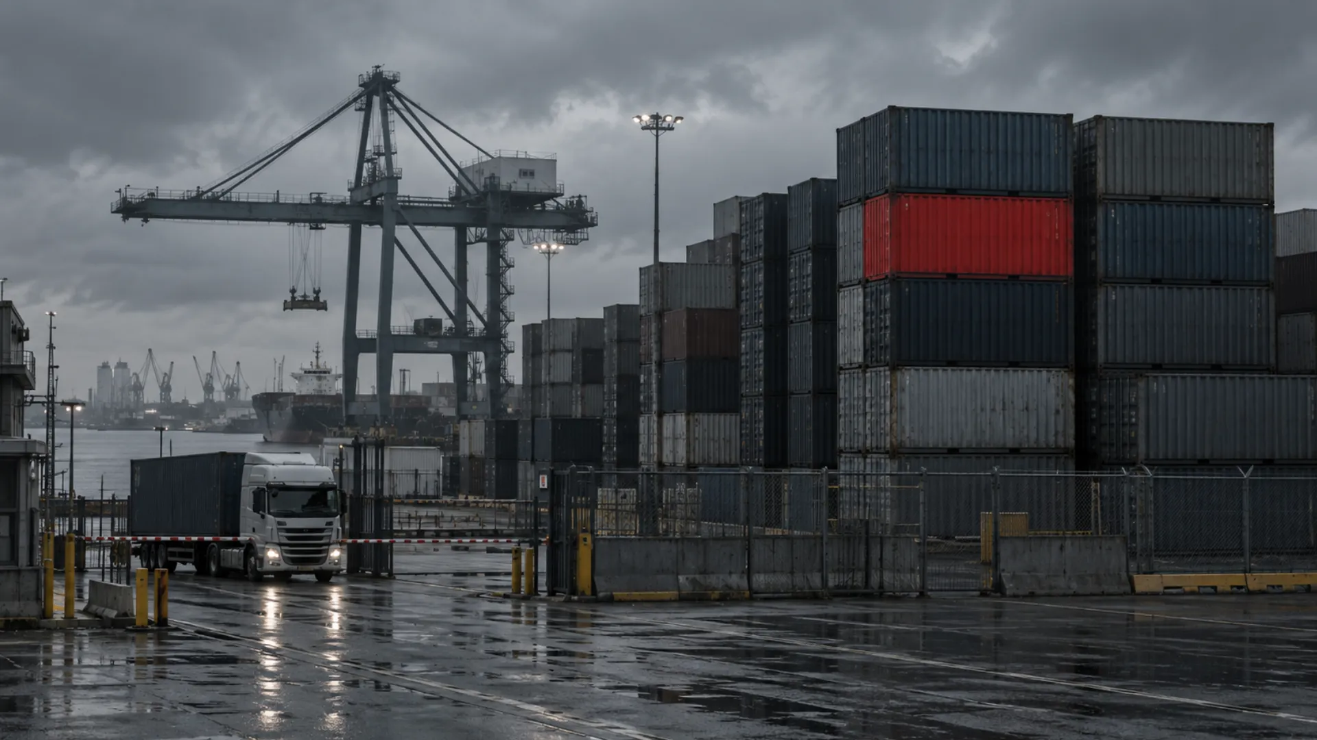 Container stacks at a South African port terminal as August 2026 volumes fell 7%.